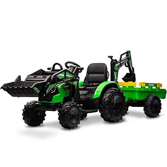 24V Kids Ride On Tractor, Excavator & Bulldozer w/ Trailer, Digger, Shovel Bucket, Remote, Lights