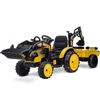 24V Kids Ride On Tractor, Excavator & Bulldozer w/ Trailer, Digger, Shovel Bucket, Remote, Lights