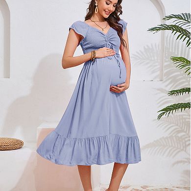Women Maternity Short Sleeve Sweetheart Neck Summer Maxi Dress Casual Smocked Drawstring Long Dress