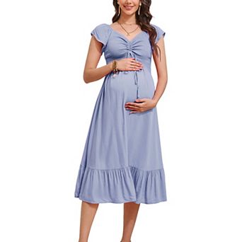 Women Maternity Short Sleeve Sweetheart Neck Summer Maxi Dress Casual Smocked Drawstring Long Dress