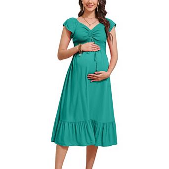 Women Maternity Short Sleeve Sweetheart Neck Summer Maxi Dress Casual Smocked Drawstring Long Dress