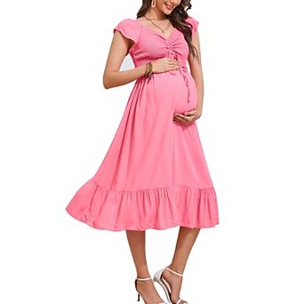 Women Maternity Short Sleeve Sweetheart Neck Summer Maxi Dress Casual Smocked Drawstring Long Dress
