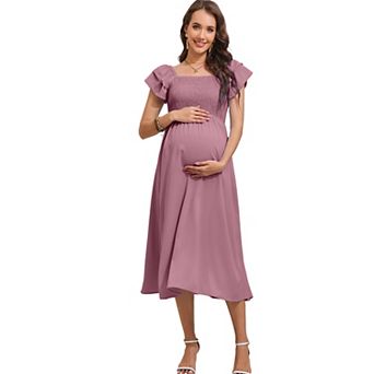 Women Maternity Summer Flutter Short Sleeve Maxi Dress Smocked Square Neck Casual Boho Dress