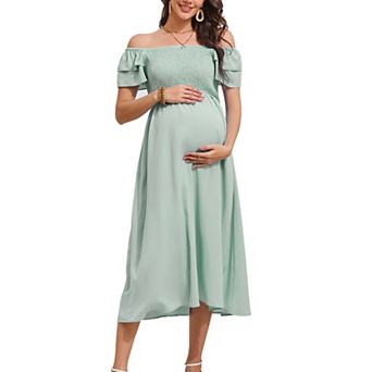 Women Maternity Summer Flutter Short Sleeve Maxi Dress Smocked Square Neck Casual Boho Dress