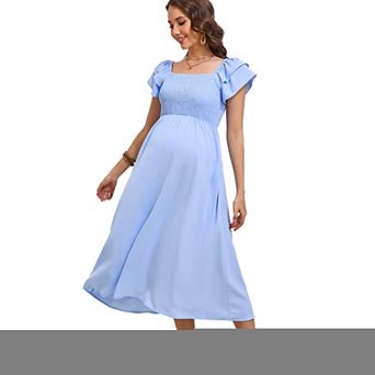 Women Maternity Summer Flutter Short Sleeve Maxi Dress Smocked Square Neck Casual Boho Dress