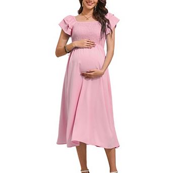 Women Maternity Summer Flutter Short Sleeve Maxi Dress Smocked Square Neck Casual Boho Dress