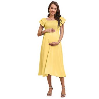 Women Maternity Summer Flutter Short Sleeve Maxi Dress Smocked Square Neck Casual Boho Dress