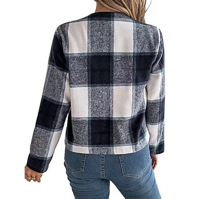 Women's Plaid Wool Blend Jacket Instagram Style Comfortable Long Sleeve Casual