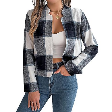 Women's Plaid Wool Blend Jacket Instagram Style Comfortable Long Sleeve Casual
