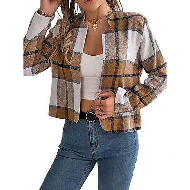 Women's Plaid Wool Blend Jacket Instagram Style Comfortable Long Sleeve Casual