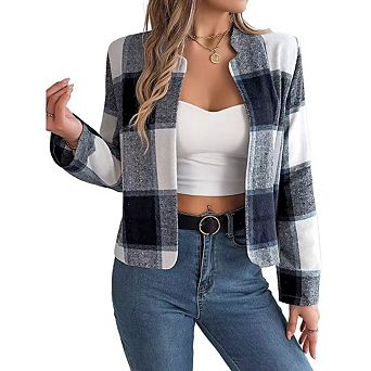 Women's Plaid Wool Blend Jacket Instagram Style Comfortable Long Sleeve Casual