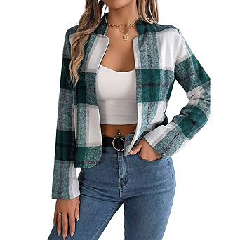 Women's Plaid Wool Blend Jacket Instagram Style Comfortable Long Sleeve Casual