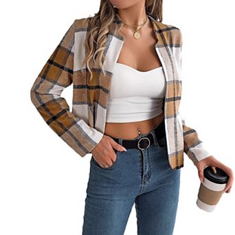 Women's Plaid Wool Blend Jacket Instagram Style Comfortable Long Sleeve Casual