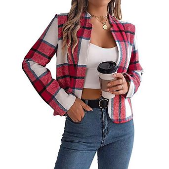 Women's Plaid Wool Blend Jacket Instagram Style Comfortable Long Sleeve Casual