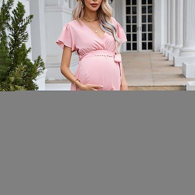 Women Maternity Short Sleeve Wrap V Neck Maxi Nursing Dress Summer Dress Flowy Long Dress Belt
