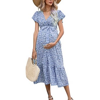 Women Maternity Short Sleeve Wrap V Neck Maxi Nursing Dress Summer Dress Flowy Long Dress Belt