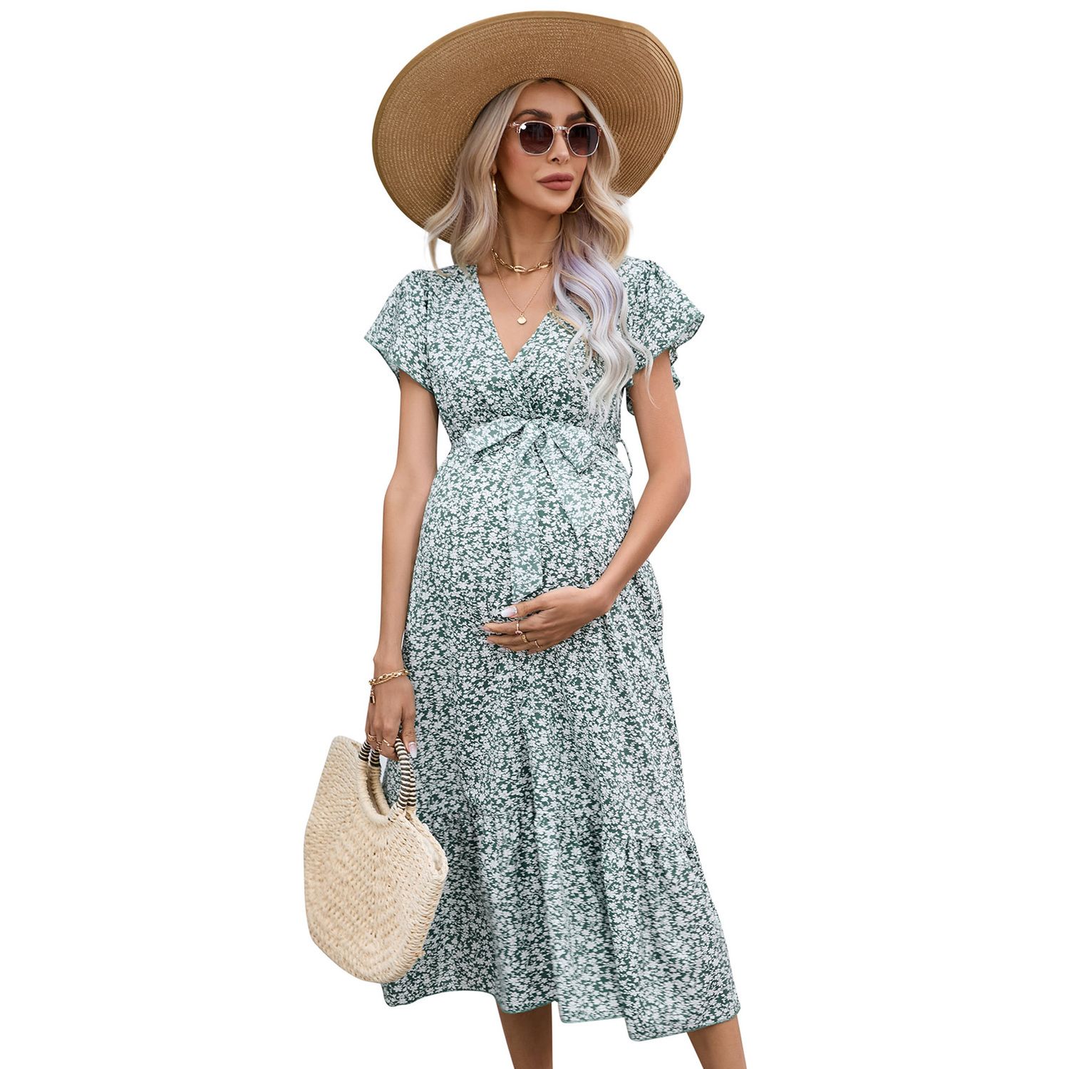 Женские платья Women Maternity Short Sleeve Wrap V Neck Maxi Nursing Dress Summer Dress Flowy Long Dress Belt