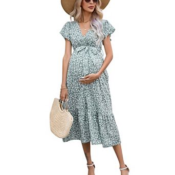 Women Maternity Short Sleeve Wrap V Neck Maxi Nursing Dress Summer Dress Flowy Long Dress Belt