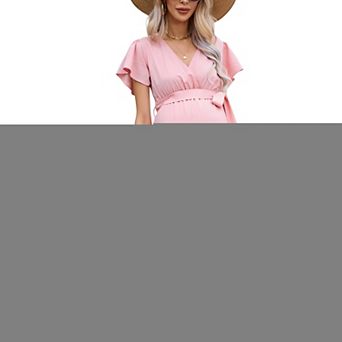 Women Maternity Short Sleeve Wrap V Neck Maxi Nursing Dress Summer Dress Flowy Long Dress Belt