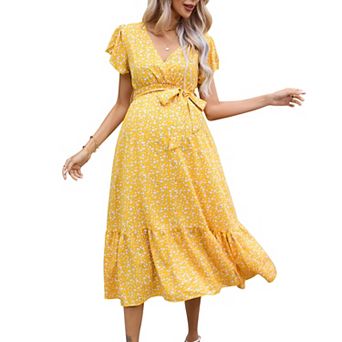 Women Maternity Short Sleeve Wrap V Neck Maxi Nursing Dress Summer Dress Flowy Long Dress Belt
