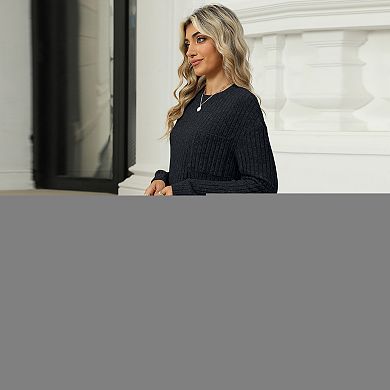 Womens Ribbed Crew Neck Loose Fit Slit Hem Tops With Pocket