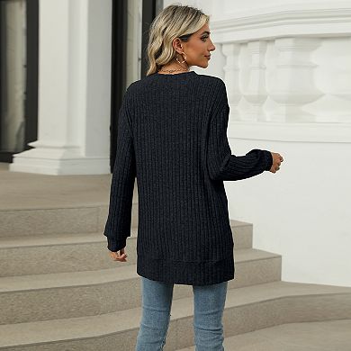 Womens Ribbed Crew Neck Loose Fit Slit Hem Tops With Pocket