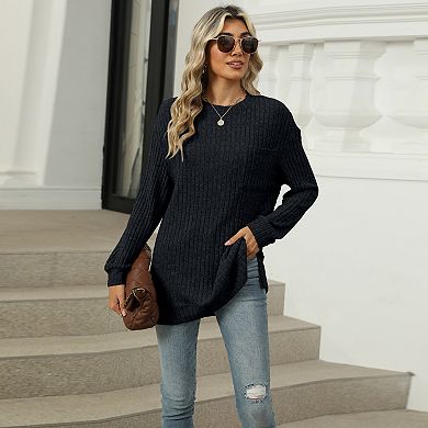 Womens Ribbed Crew Neck Loose Fit Slit Hem Tops With Pocket