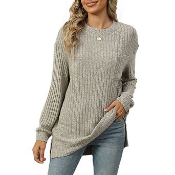 Womens Ribbed Crew Neck Loose Fit Slit Hem Tops With Pocket