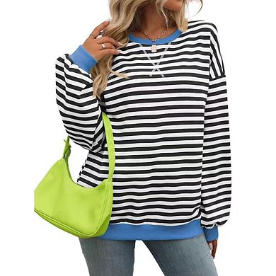 Women's Striped Loose Sweatshirt Colorblock Round Neck Long Sleeve Casual Loose Pullover