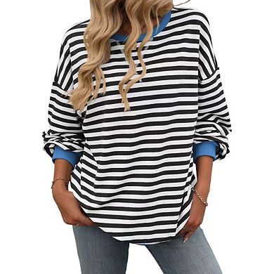 Women's Striped Loose Sweatshirt Colorblock Round Neck Long Sleeve Casual Loose Pullover