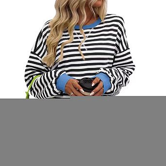 Women's Striped Loose Sweatshirt Colorblock Round Neck Long Sleeve Casual Loose Pullover