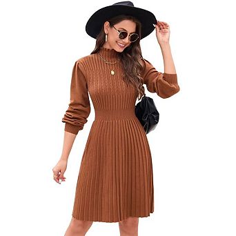 Women's Elegant Turtleneck Sweater Dress Long Sleeve Knit Tunic Mini Dress A Line Pullover Dress