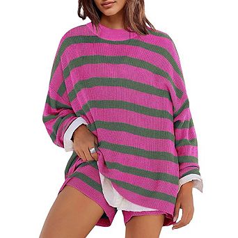 Striped Casual Long Sleeve Loose Fit Women's Set