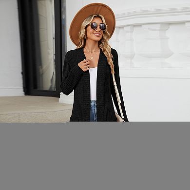 Women's Long Ribbed Cardigan Open Front Pocket Duster Coat Soft Comfortable