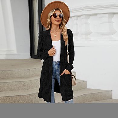 Women's Long Ribbed Cardigan Open Front Pocket Duster Coat Soft Comfortable