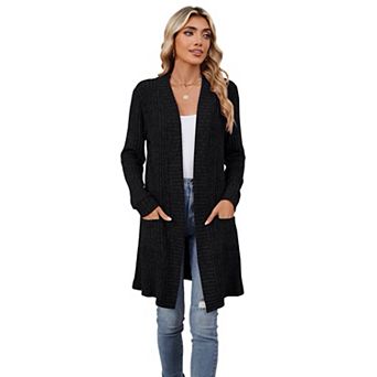Women's Long Ribbed Cardigan Open Front Pocket Duster Coat Soft Comfortable