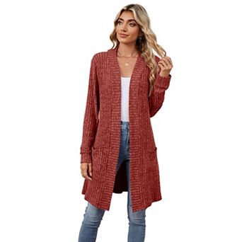 Women's Long Ribbed Cardigan Open Front Pocket Duster Coat Soft Comfortable