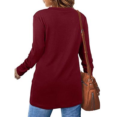 Women's Knotted Long Sleeve Top Soft Classic Fall Blouse Effortless Holiday Style