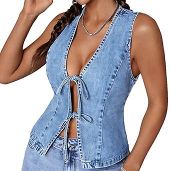 Women's Sleeveless Denim Vest Casual Slim Fit Tie Front Jacket