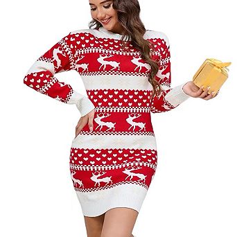 Women's Reindeer Christmas Dress Slim Fit Crewneck Long Sleeve Soft Knit
