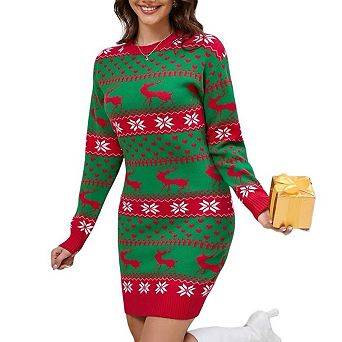 Women's Reindeer Christmas Dress Slim Fit Crewneck Long Sleeve Soft Knit