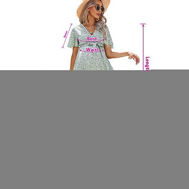 Women Maternity Pleated Short Sleeve Summer Midi Dress Wrap V Neck Casual Swing Mini Dress Belt