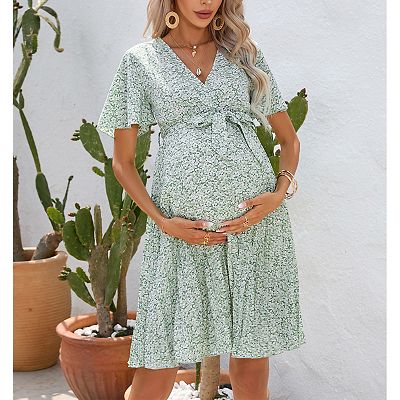 Women Maternity Pleated Short Sleeve Summer Midi Dress Wrap V Neck Casual  Swing Mini Dress Belt