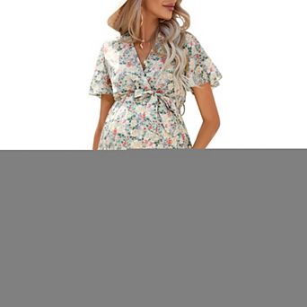 Women Maternity Pleated Short Sleeve Summer Midi Dress Wrap V Neck Casual Swing Mini Dress Belt