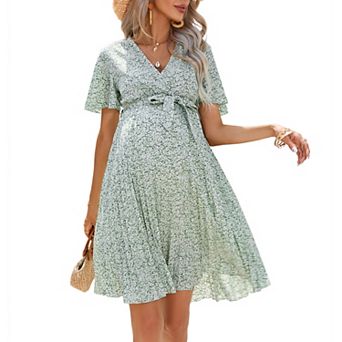 Women Maternity Pleated Short Sleeve Summer Midi Dress Wrap V Neck Casual Swing Mini Dress Belt