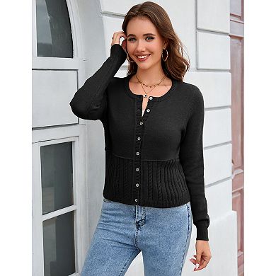 Womens Cable Knit Cardigan Sweaters Button Up Crew Neck Long Sleeve Slim Fall Sweater Coats