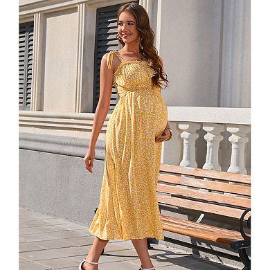 Women Maternity Summer Boho Smocked Cami Dress Spaghetti Strap Casual Sleeveless Nursing Maxi Dress