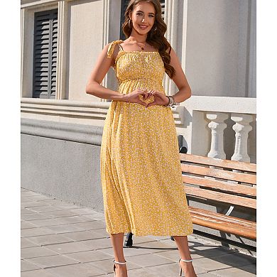 Women Maternity Summer Boho Smocked Cami Dress Spaghetti Strap Casual Sleeveless Nursing Maxi Dress