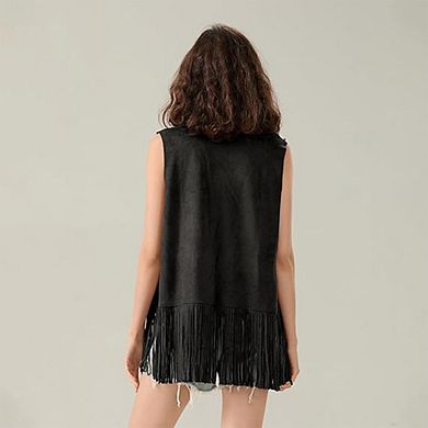 Women's Faux Suede Fringe Vest Studded Sleeveless Boho Jacket