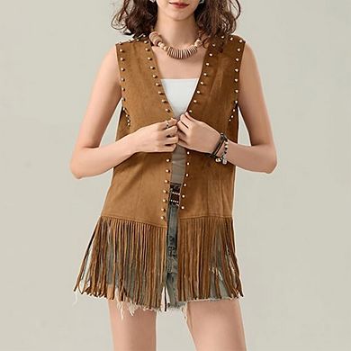 Women's Faux Suede Fringe Vest Studded Sleeveless Boho Jacket